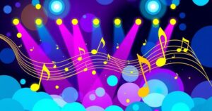 Illustration of a vibrant music scene featuring stage lights and musical notes without people or explicit content.