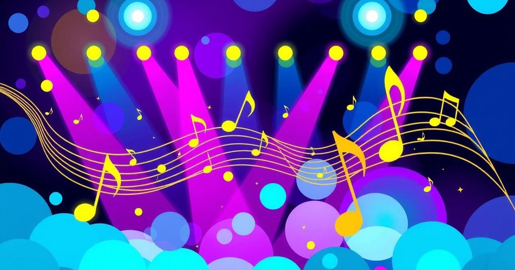 Illustration of a vibrant music scene featuring stage lights and musical notes without people or explicit content.