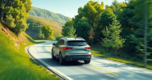 A modern SUV on a winding road surrounded by lush greenery, celebrating a milestone in automotive excellence.
