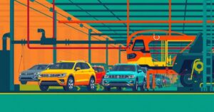A vibrant automotive landscape showcasing vehicles and South African manufacturing icons in bright colors.
