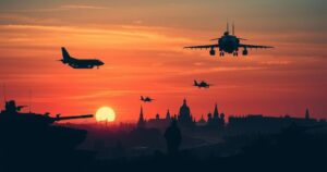 Moscow skyline at dusk with silhouette of military vehicles and planes in the air, depicting international relations