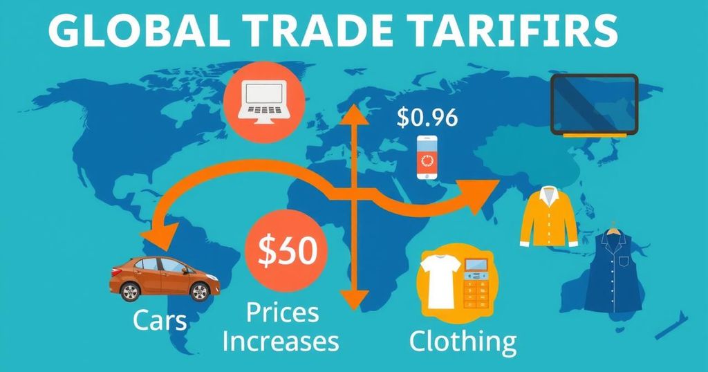 Global trade tariffs affecting consumer prices and economy in a colorful infographic style.