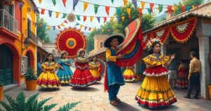 A vibrant scene of a festival in Oaxaca, showcasing traditional dances and crafts celebrating cultural diversity.
