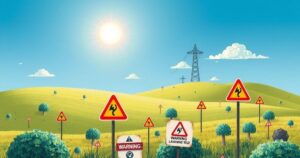 Landscape of a land mine field with warning signs, vibrant green vegetation, and a clear blue sky to symbolize awareness.