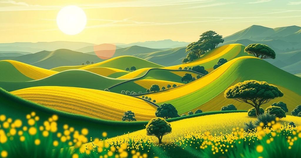 Symbolic representation of a political movement with a stylized national landscape and vibrant colors.