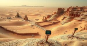 Desert landscape featuring ancient ruins and metal detectors across the ground, symbolizing treasure hunting.