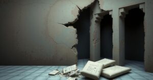An abstract representation of political unrest, symbolizing activism and loss with dark shades and broken structures.