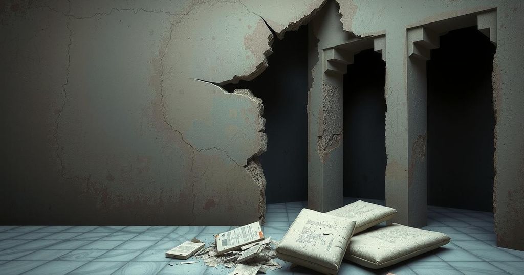An abstract representation of political unrest, symbolizing activism and loss with dark shades and broken structures.