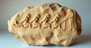 Rock carving depicting ancient Egyptian kings with distinctive features in a historical archaeological setting.