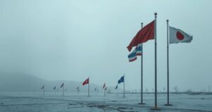 A desolate landscape symbolizing isolation, with empty flags and fading partnerships, in muted tones of gray and blue.