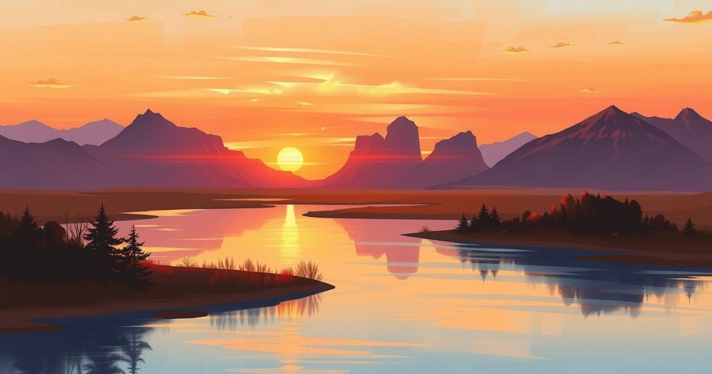 A vast sunset landscape with distant mountains and a calm river, reflecting warm orange and purple hues, serene atmosphere.