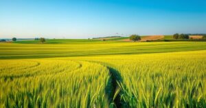 A vibrant agricultural landscape in Argentina showing lush wheat and soybean fields under clear blue skies.