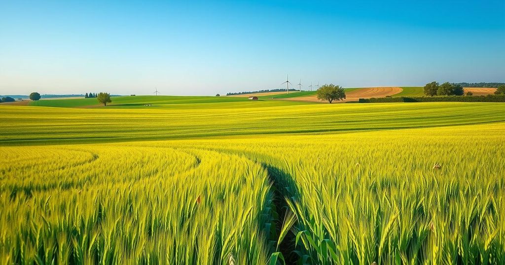 A vibrant agricultural landscape in Argentina showing lush wheat and soybean fields under clear blue skies.