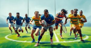 Fiji rugby team in action, showcasing vibrant colors and dynamic movement on the field during a match against Wallabies.