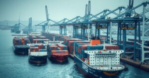 A symbolic representation of international trade tensions, featuring ships and cargo containers in muted colors.