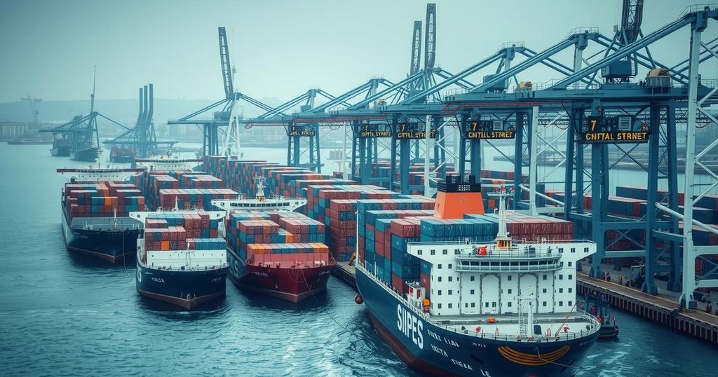 A symbolic representation of international trade tensions, featuring ships and cargo containers in muted colors.