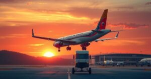 Venezuelan airline arriving at airport, symbolizing hope and reunification, with sunset colors illuminating the scene.