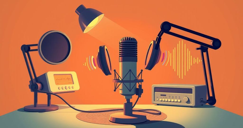 A vibrant podcast setup with a microphone, headphones, and sound waves symbolizing audio engagement.