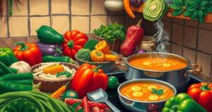 Colorful vegetables and a large soup pot simmering, showcasing a vibrant community effort to combat hunger.