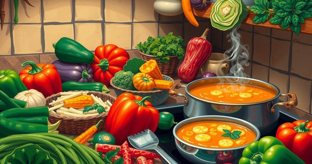 Colorful vegetables and a large soup pot simmering, showcasing a vibrant community effort to combat hunger.