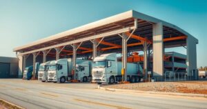 A modern truck assembly facility in Senegal, showcasing industrial land with assembly trucks against a blue sky.