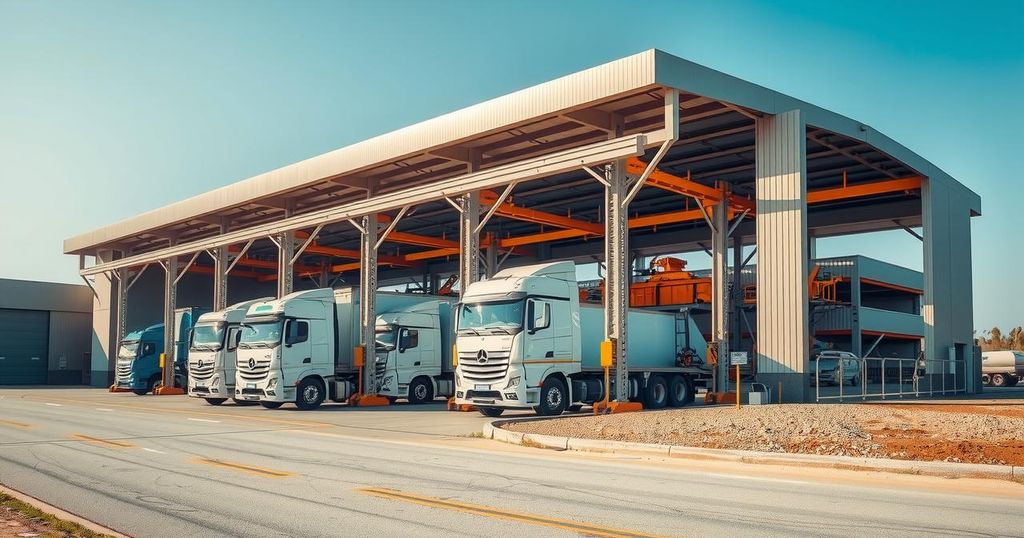 A modern truck assembly facility in Senegal, showcasing industrial land with assembly trucks against a blue sky.
