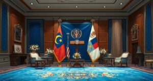 A vibrant and engaging scene depicting a formal setting with flags, flowers, and decor symbolizing diplomacy.